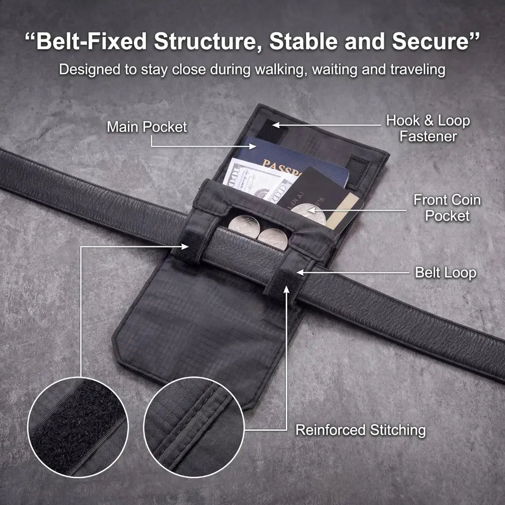 Labeled passport pouch pockets, belt loop, fastening and stitching
