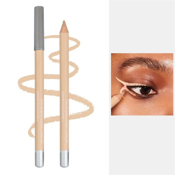 Beige eyeliner pencil and softly brightened eye look