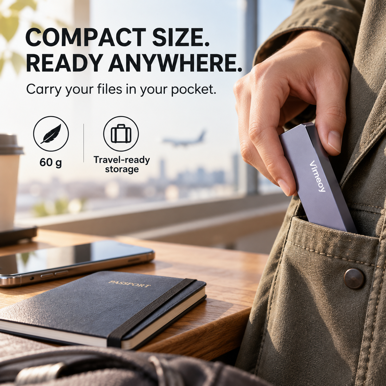 Vimeoy portable drive slipping into a travel pocket