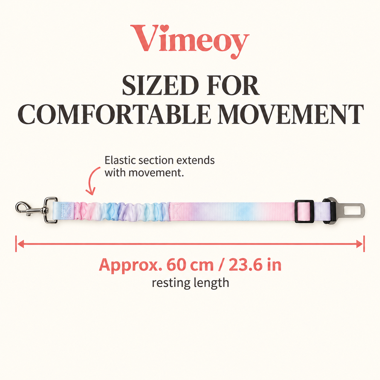 Approximate 60 centimeter resting length of the Vimeoy pet car belt