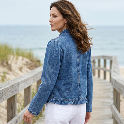 ☀️ 50 % RABATT!!  Dam Denimjacka med Volang & Öppen Framsida🌿✅
