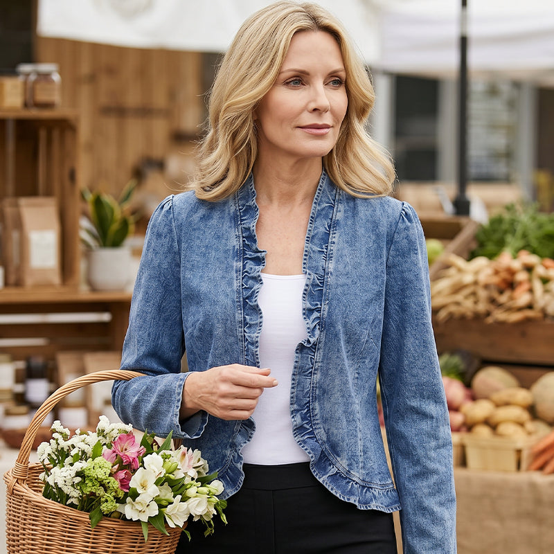 ☀️ 50 % RABATT!!  Dam Denimjacka med Volang & Öppen Framsida🌿✅