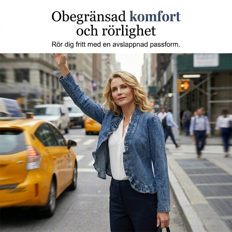 ☀️ 50 % RABATT!!  Dam Denimjacka med Volang & Öppen Framsida🌿✅