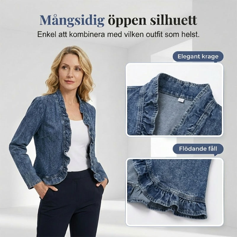 ☀️ 50 % RABATT!!  Dam Denimjacka med Volang & Öppen Framsida🌿✅