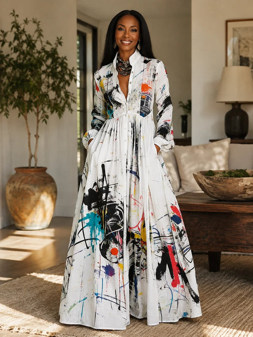 Damen Langarm Maxikleid mit Print
