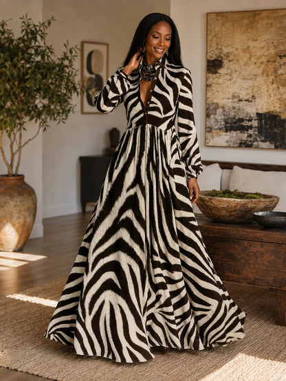 Damen Langarm Maxikleid mit Print