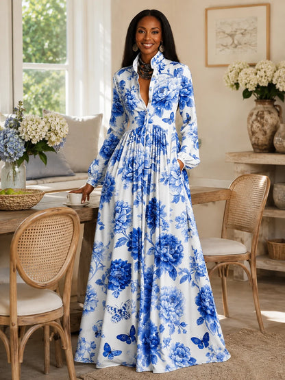 Damen Langarm Maxikleid mit Print