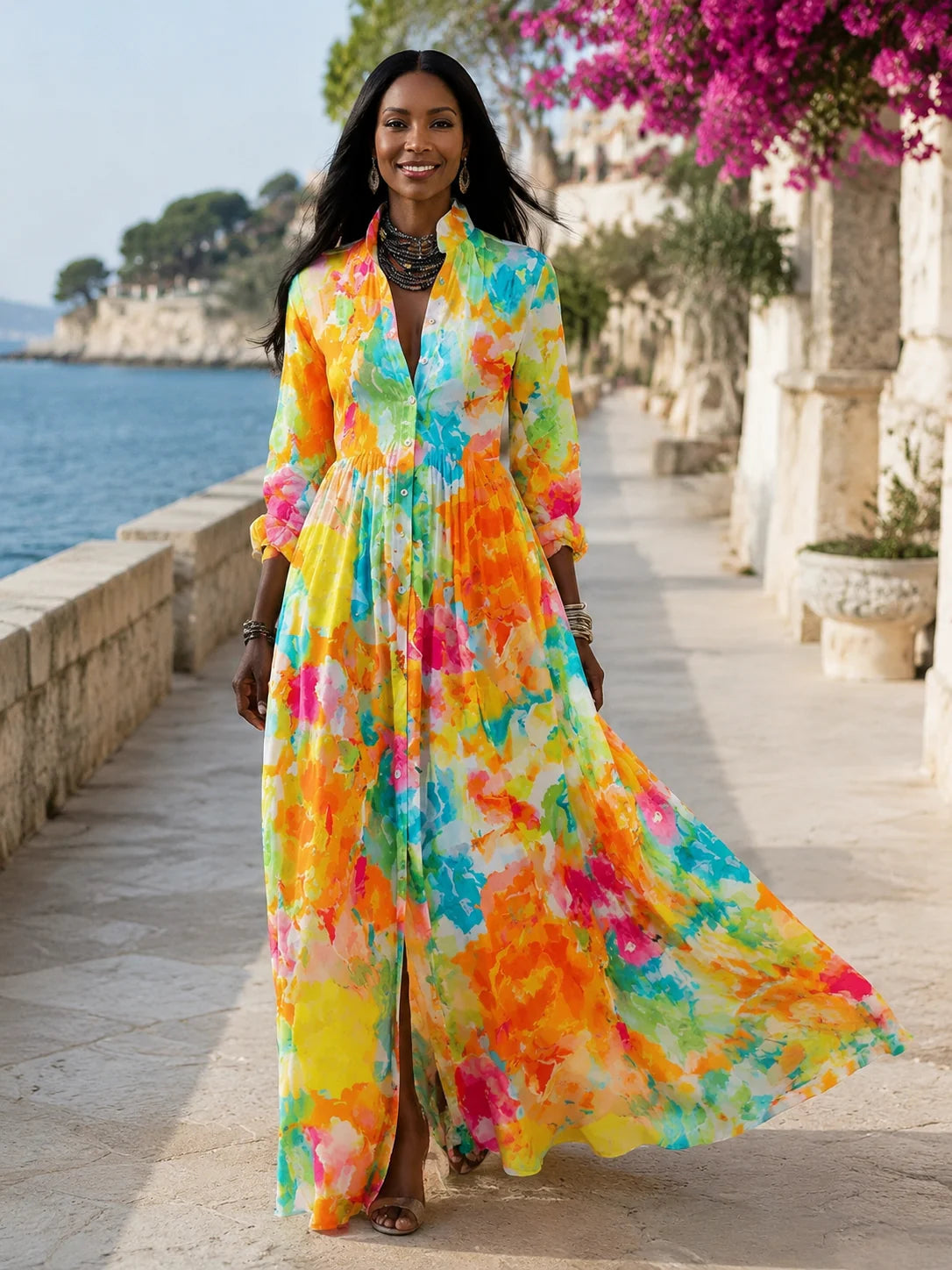 Damen Langarm Maxikleid mit Print