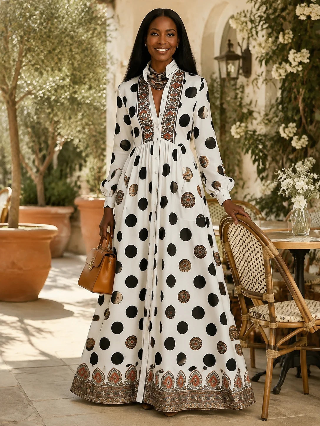 Damen Langarm Maxikleid mit Print