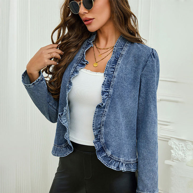 ☀️ 50 % RABATT!!  Dam Denimjacka med Volang & Öppen Framsida🌿✅