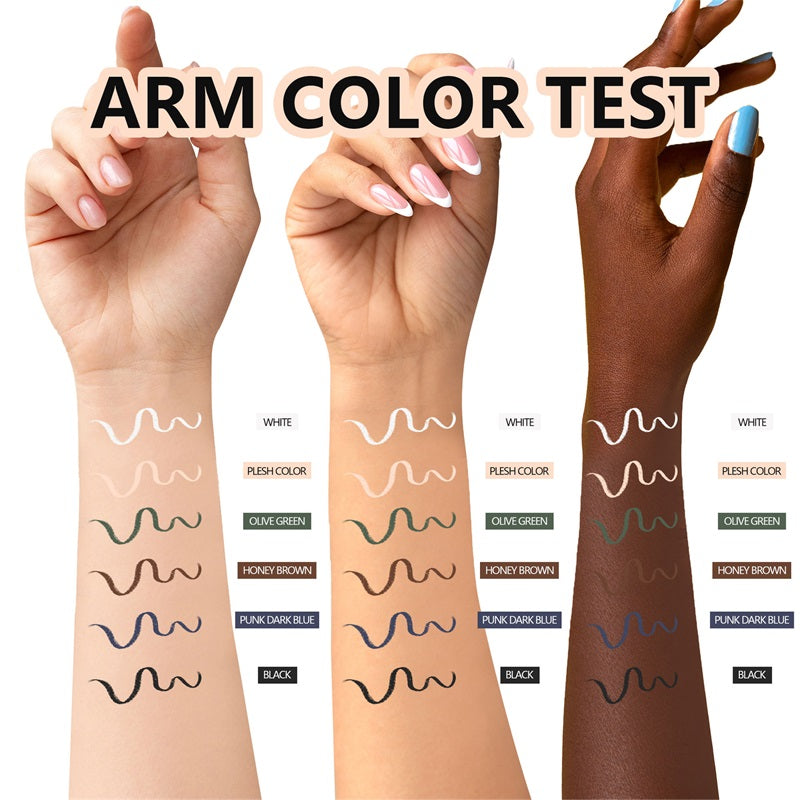 Eyeliner swatches shown across three skin tones