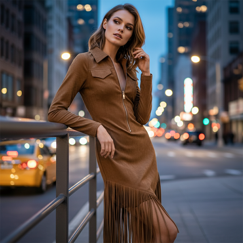 Western-Fransen-Kleid mit Reißverschluss und Midilänge
