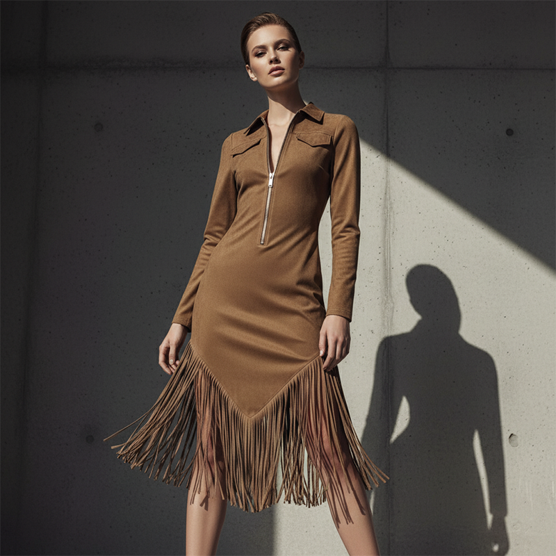 Western-Fransen-Kleid mit Reißverschluss und Midilänge