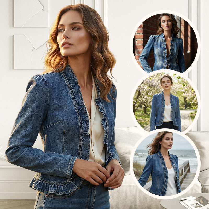 ☀️ 50 % RABATT!!  Dam Denimjacka med Volang & Öppen Framsida🌿✅