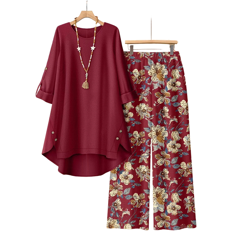 💥50 % rabatt på nyheter – Set med halvärmad damtröja och byxor i bomulls- och linneblandning