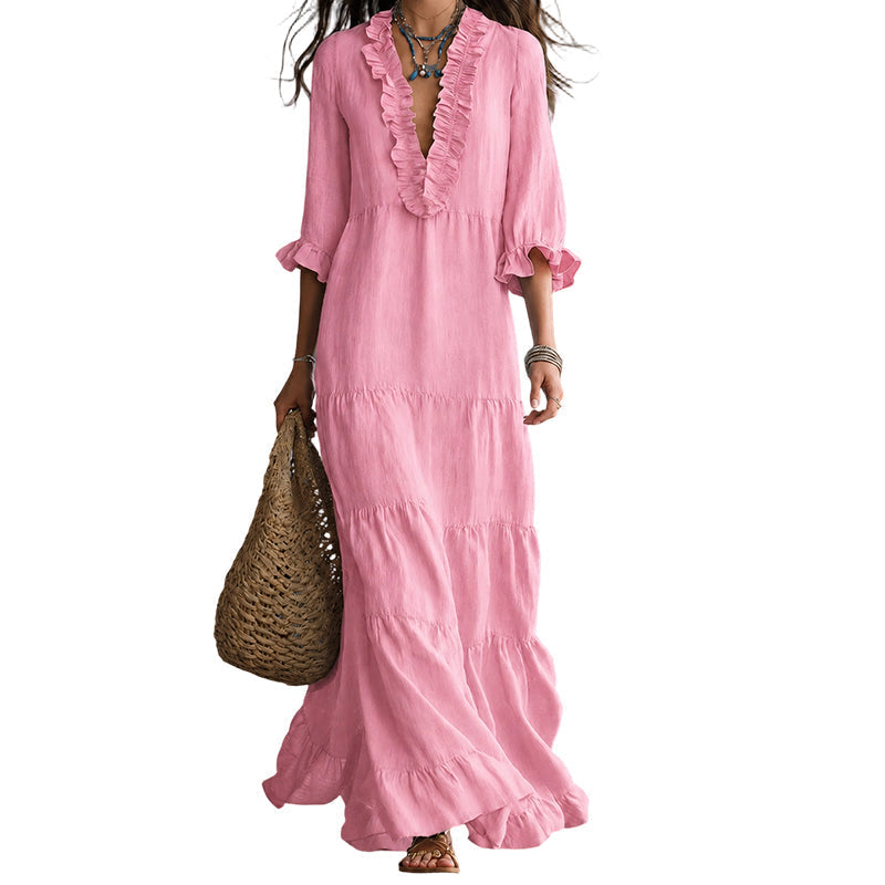 👗 50% RABATT NU! 🌸 Dam Volang V-ringad Nivåklänning – Luftig Komfort & Feminin Charm – Perfekt för Soliga Dagar & Alla Tillfällen ☀️