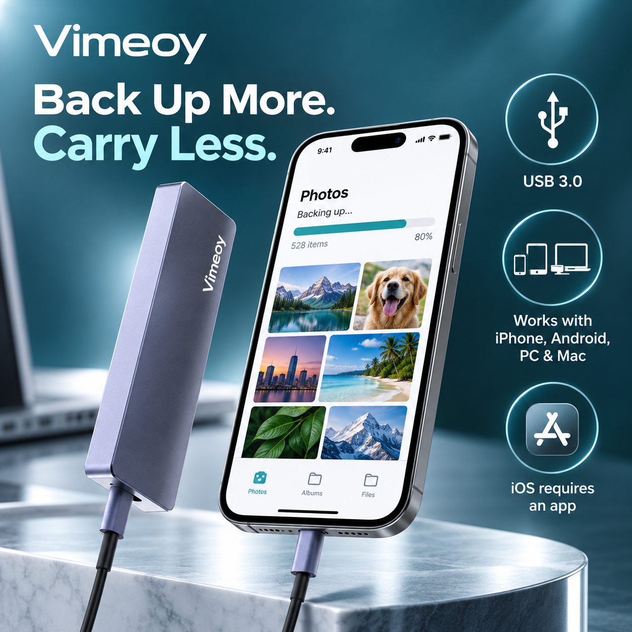 Vimeoy dual-connector USB 3.0 flash drive beside a smartphone