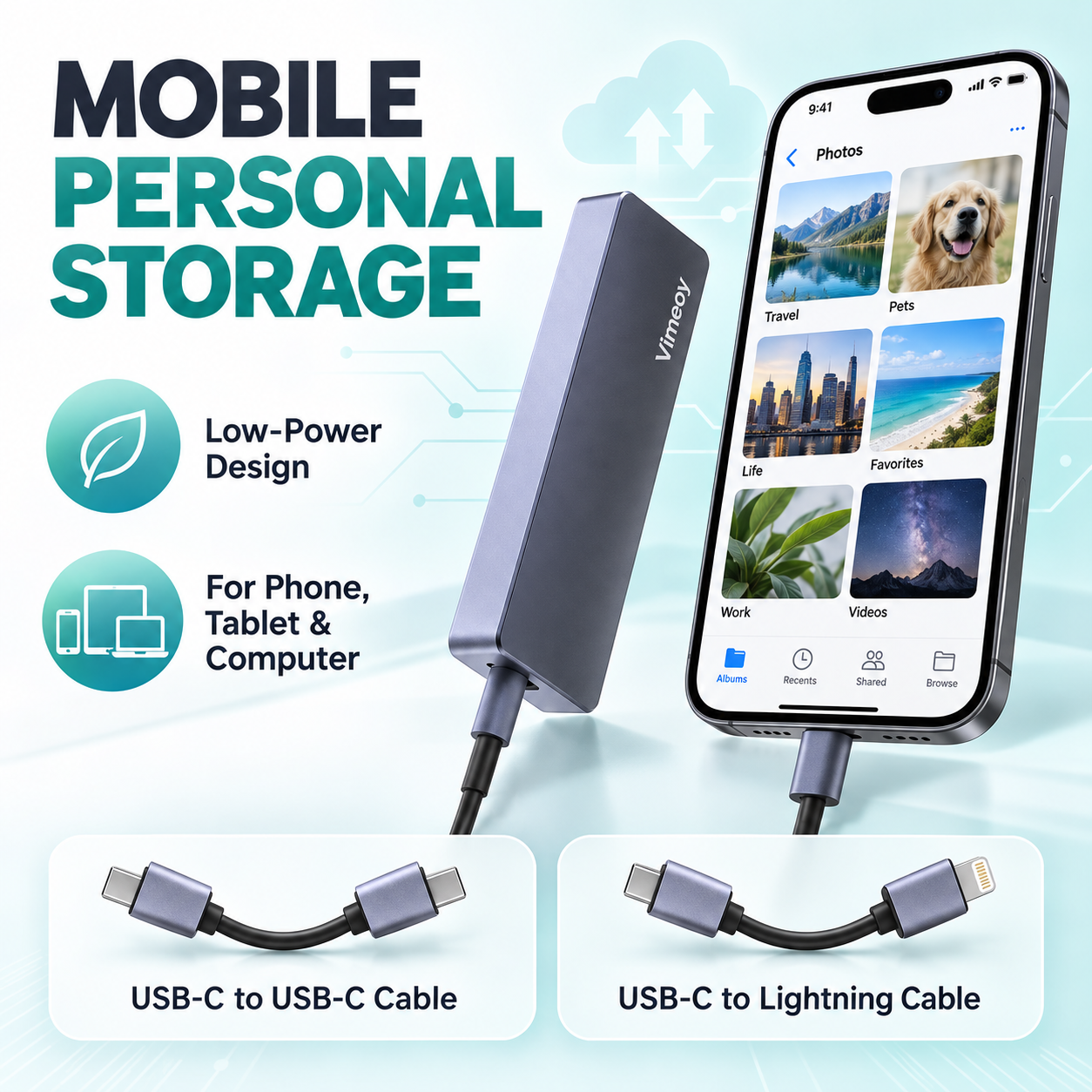 Vimeoy mobile personal storage with USB-C and Lightning cable options