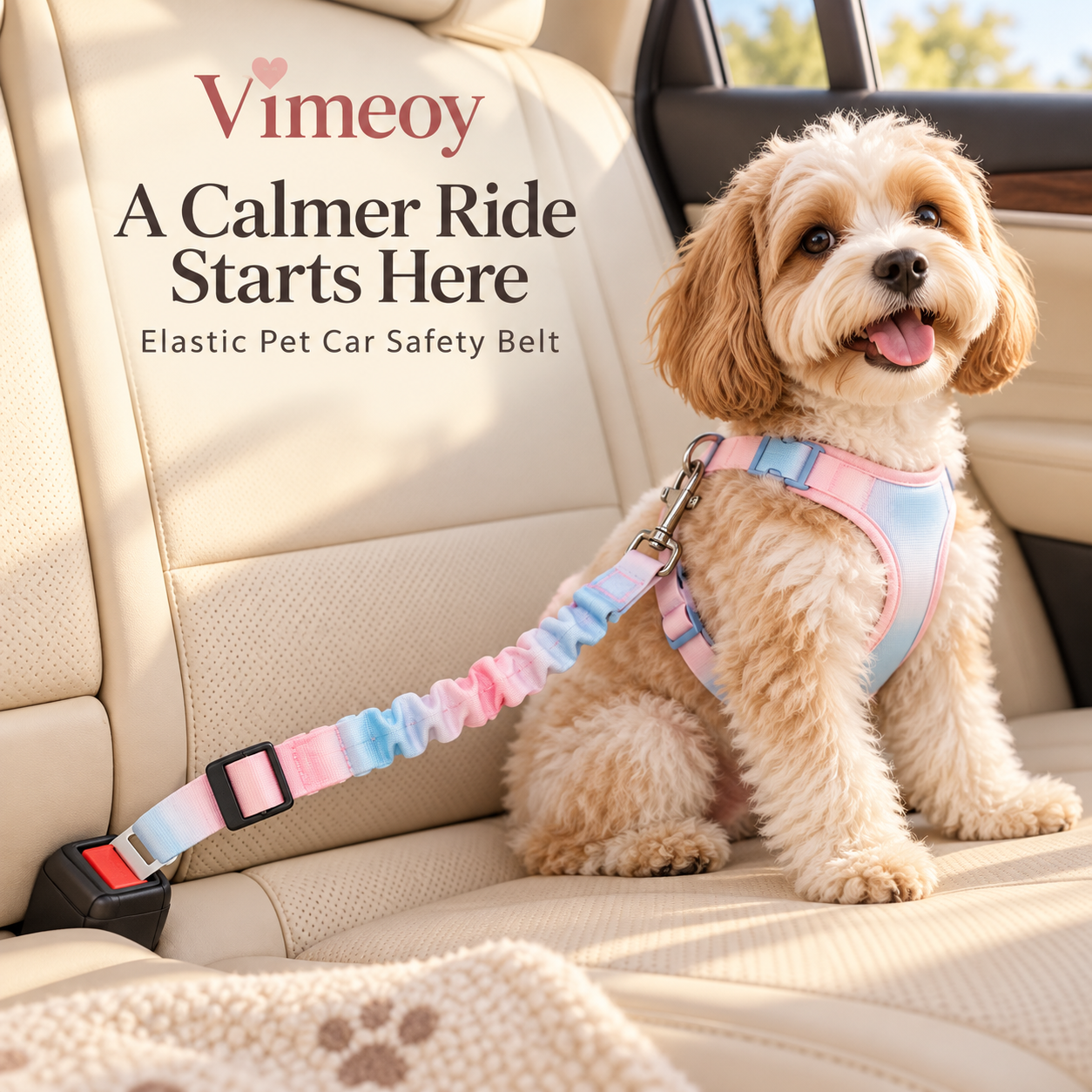 Vimeoy elastic pet car safety belt attached to a small dog's chest harness