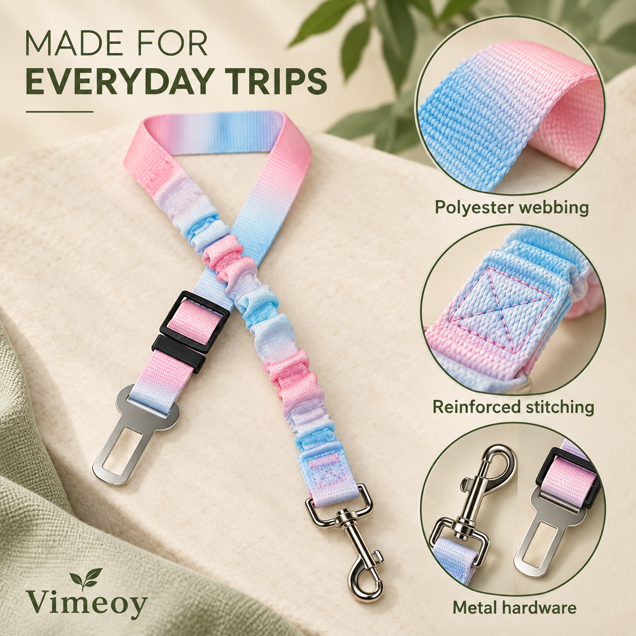 Polyester webbing, reinforced stitching and metal hardware details